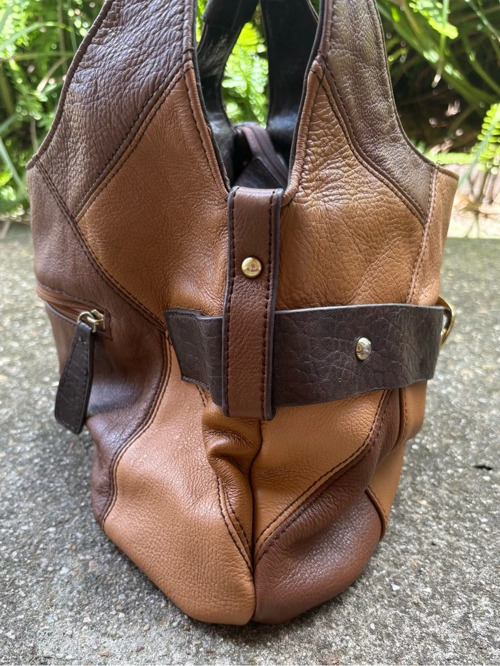 Vtg Etienne Aigner Hobo Brown Leather Colorblock Patchwork Bag Buckle Accent